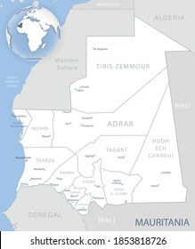 Blue-gray detailed map of Mauritania administrative divisions and location on the globe. Vector illustration