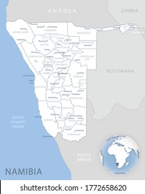 Blue-gray detailed map of Namibia administrative divisions and location on the globe. Vector illustration