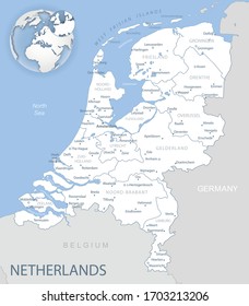 Blue-gray detailed map of Netherlands and administrative divisions and location on the globe. Vector illustration