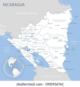 Blue-gray detailed map of Nicaragua and administrative divisions and location on the globe. Vector illustration
