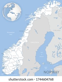 Blue-gray detailed map of Norway and administrative divisions and location on the globe. Vector illustration
