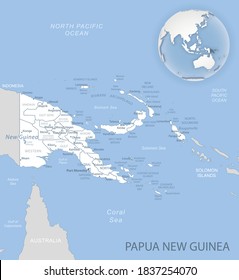 Blue-gray detailed map of Papua New Guinea administrative divisions and location on the globe. Vector illustration