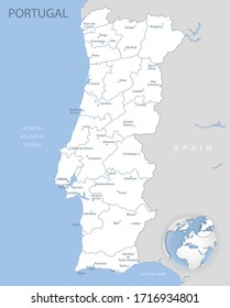 Blue-gray detailed map of Portugal administrative divisions and location on the globe. Vector illustration