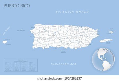 Blue-gray detailed map of Puerto Rico administrative divisions and location on the globe. Vector illustration