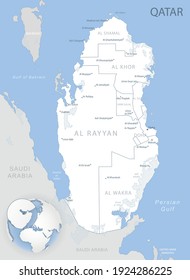 Blue-gray detailed map of Qatar administrative divisions and location on the globe. Vector illustration