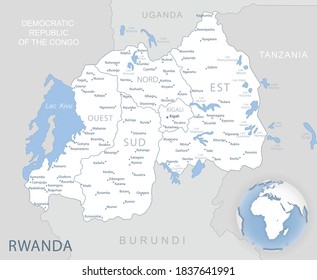 Blue-gray detailed map of Rwanda administrative divisions and location on the globe. Vector illustration