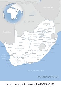 Blue-gray detailed map of South Africa administrative divisions and location on the globe. Vector illustration