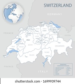 Blue-gray detailed map of Switzerland and administrative divisions and location on the globe. Vector illustration