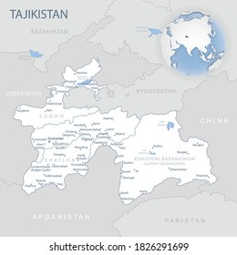 Blue-gray detailed map of Tajikistan administrative divisions and location on the globe. Vector illustration