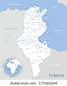 Blue-gray detailed map of Tunisia administrative divisions and location on the globe. Vector illustration svg