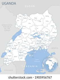 Blue-gray detailed map of Uganda and administrative divisions and location on the globe. Vector illustration