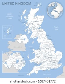 Blue-gray detailed map of United Kingdom and administrative divisions and location on the globe. Vector illustration