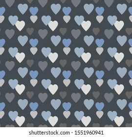 Blue-gray hearts. Abstract seamless vector pattern on a dark blue background.