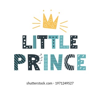 Blue-gray Little Prince lettering in a doodle style on a white background. Vector image. Decor for children's posters, postcards, clothing and interior