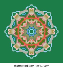 Blue-gray-orange simple mandala on a green background.