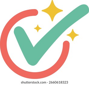 Comprueba azul-verde con círculo abierto rojo y destellos de oro para el icono de éxito confirmado, verificado o premium en diseños divertidos.
