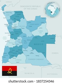 Blue-green detailed map of Angola administrative divisions with country flag and location on the globe. Vector illustration