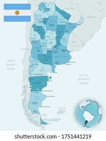 Blue-green detailed map of Argentina administrative divisions with country flag and location on the globe. Vector illustration