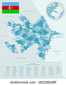 Blue-green detailed map of Azerbaijan administrative divisions with country flag and location on the globe. Vector illustration svg