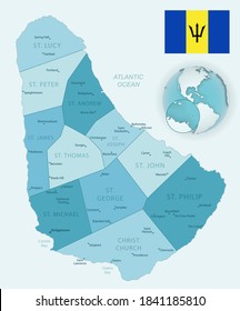 Blue-green detailed map of Barbados administrative divisions with country flag and location on the globe. Vector illustration