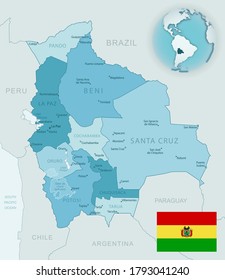 Blue-green detailed map of Bolivia administrative divisions with country flag and location on the globe. Vector illustration