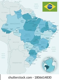 Mapa detallado azul-verde de las divisiones administrativas de Brasil con bandera del país y ubicación en el mundo. Ilustración del vector