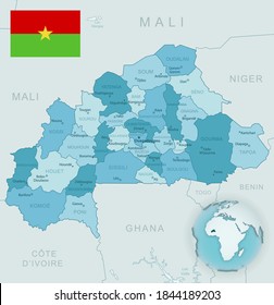 Blue-green detailed map of Burkina Faso administrative divisions with country flag and location on the globe. Vector illustration