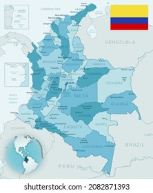 Blue-green detailed map of Colombia administrative divisions with country flag and location on the globe. Vector illustration