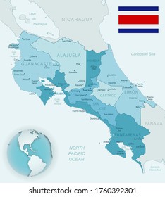 Blue-green detailed map of Costa Rica administrative divisions with country flag and location on the globe. Vector illustration