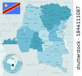 Blue-green detailed map of Democratic Republic of the Congo administrative divisions with country flag and location on the globe. Vector illustration