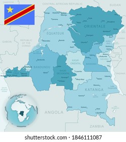 Blue-green detailed map of Democratic Republic of the Congo administrative divisions with country flag and location on the globe. Vector illustration