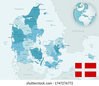 Blue-green detailed map of Denmark administrative divisions with country flag and location on the globe. Vector illustration