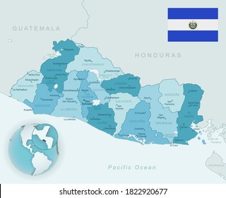 Mapa detallado azul-verde de las divisiones administrativas de El Salvador con bandera del país y ubicación en el mundo. Ilustración del vector