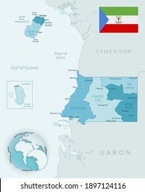 Blue-green detailed map of Equatorial Guinea administrative divisions with country flag and location on the globe. Vector illustration