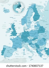 Blue-green detailed map of Europe with location on the globe. Vector illustration