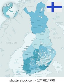 Blue-green detailed map of Finland administrative divisions with country flag and location on the globe. Vector illustration