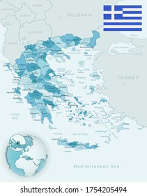 Blue-green Detailed Map Of Greece Administrative Divisions With Country Flag And Location On The Globe. Vector Illustration