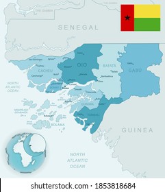 Mapa detallado azul-verde de las divisiones administrativas de Guinea-Bissau con bandera del país y ubicación en el mundo. Ilustración del vector