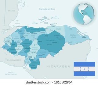 Blue-green detailed map of Honduras administrative divisions with country flag and location on the globe. Vector illustration