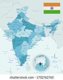 Blue-green detailed map of India administrative divisions with country flag and location on the globe. Vector illustration