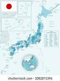 Blue-green detailed map of Japan and administrative divisions with country flag and location on the globe. Vector illustration