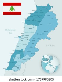 Blue-green detailed map of Lebanon administrative divisions with country flag and location on the globe. Vector illustration