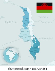 Blue-green detailed map of Malawi administrative divisions with country flag and location on the globe. Vector illustration