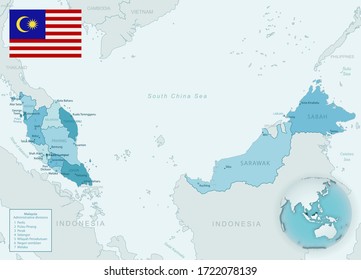 Blue-green detailed map of Malaysia administrative divisions with country flag and location on the globe. Vector illustration