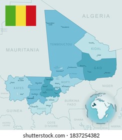 Blue-green detailed map of Mali administrative divisions with country flag and location on the globe. Vector illustration