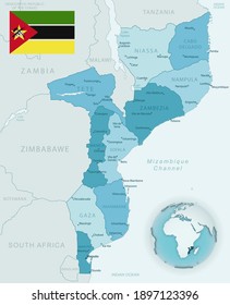 Blue-green detailed map of Mozambique administrative divisions with country flag and location on the globe. Vector illustration