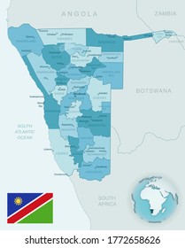 Blue-green detailed map of Namibia administrative divisions with country flag and location on the globe. Vector illustration