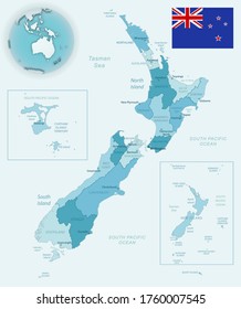 Blue-green detailed map of New Zealand administrative divisions with country flag and location on the globe. Vector illustration