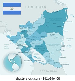 Blue-green detailed map of Nicaragua administrative divisions with country flag and location on the globe. Vector illustration