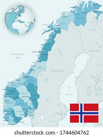 Blue-green detailed map of Norway administrative divisions with country flag and location on the globe. Vector illustration